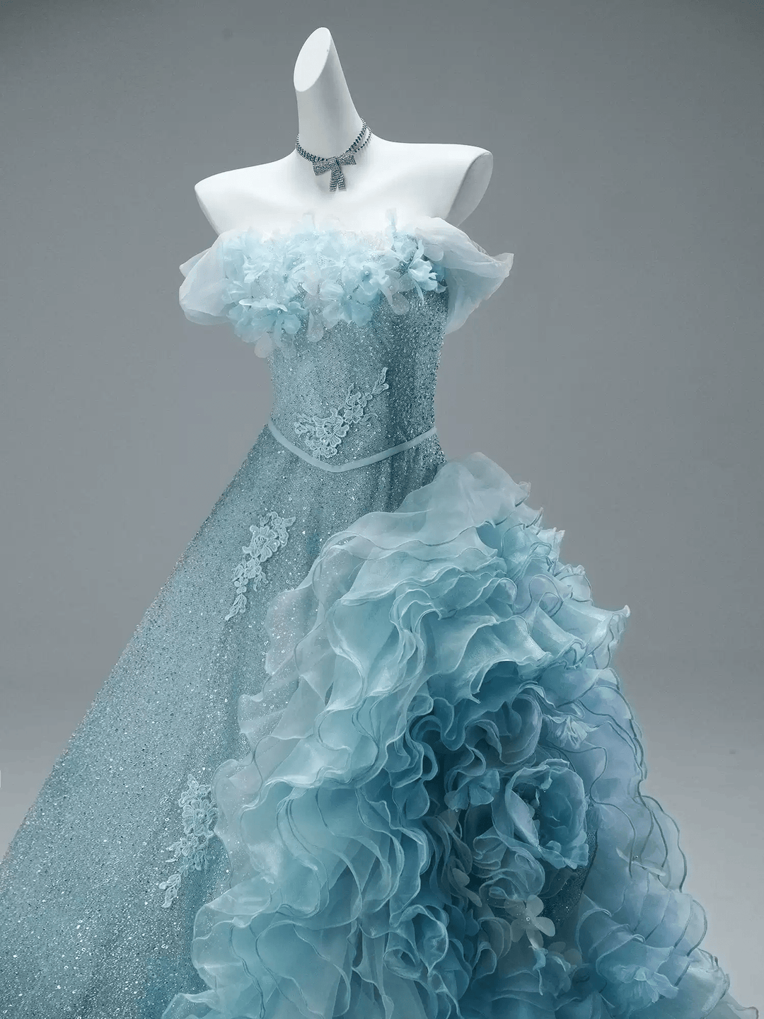 Blue Strapless Layered Tulle Ruffle Dress with Floral Appliqué – Sparkly Sequin Evening Dress with Corset Plus Size Size 0 / Light Blue / Dress