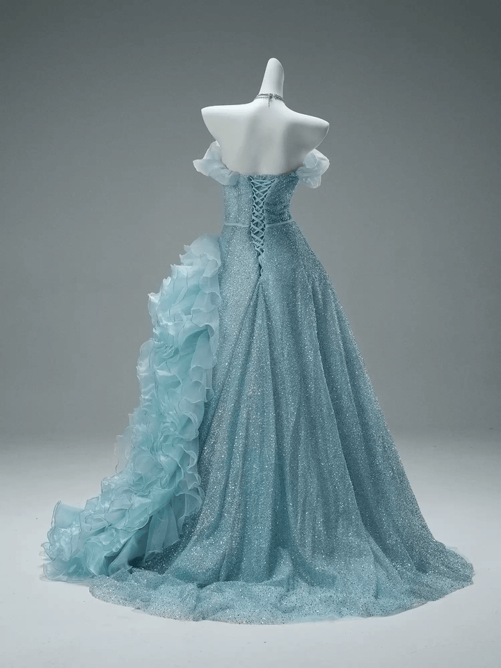 Blue Strapless Layered Tulle Ruffle Dress with Floral Appliqué – Sparkly Sequin Evening Dress with Corset Plus Size - WonderlandByLilian