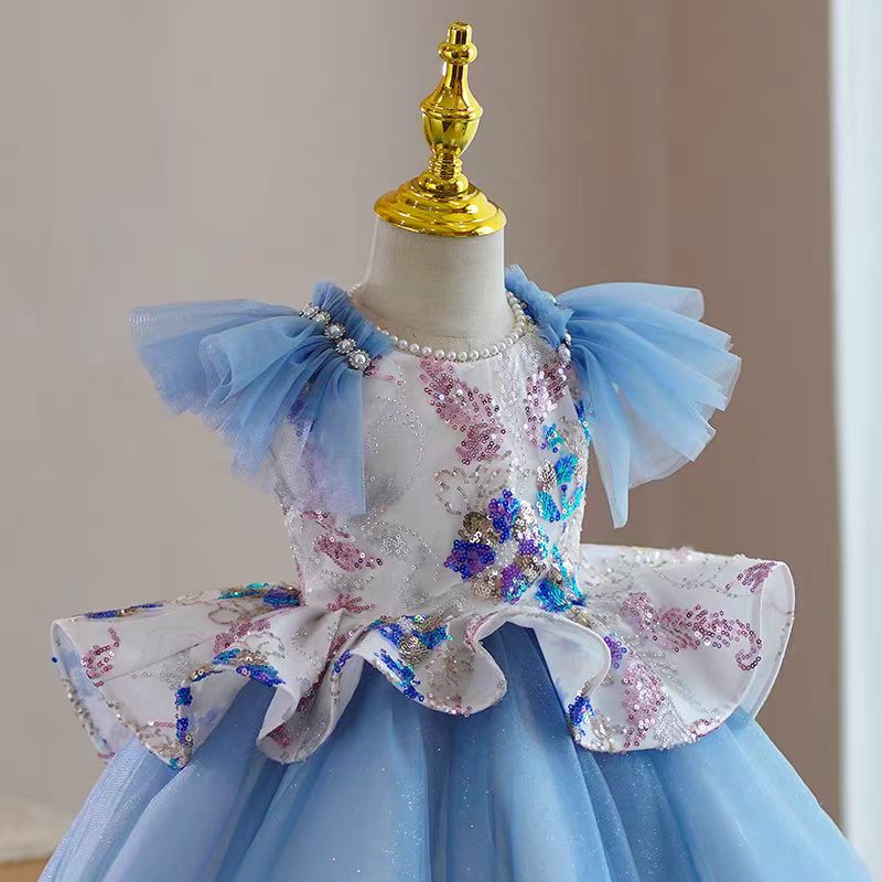 Blue Tulle Flower Girl Dress with Sequin Floral Details for Wedding – Puff Sleeve Plus Size - WonderlandByLilian