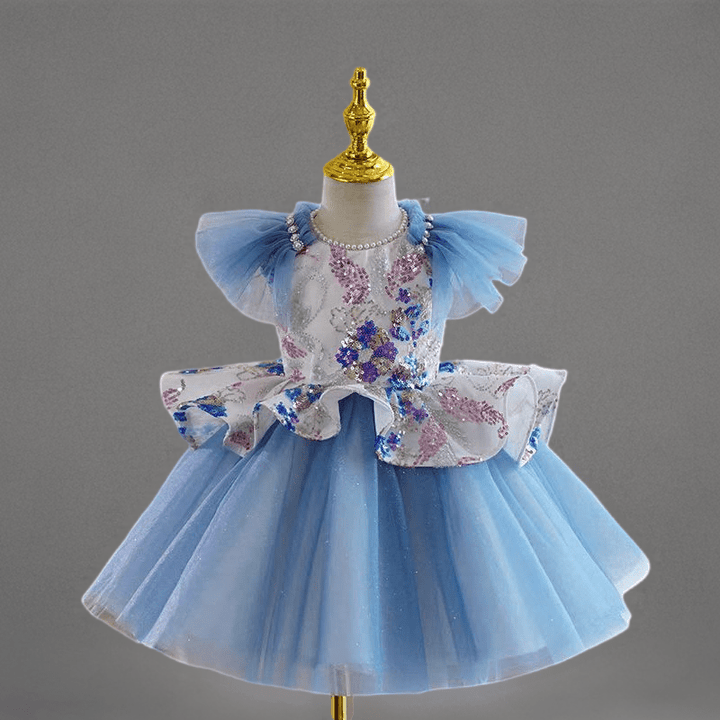 Blue Tulle Flower Girl Dress with Sequin Floral Details for Wedding – Puff Sleeve Plus Size - WonderlandByLilian