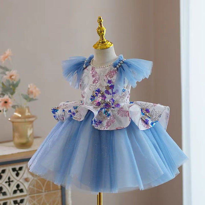 Blue Tulle Flower Girl Dress with Sequin Floral Details for Wedding – Puff Sleeve Plus Size - WonderlandByLilian