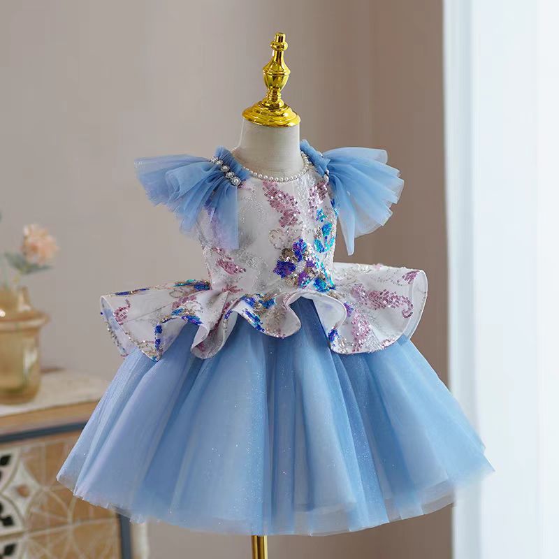 Blue Tulle Flower Girl Dress with Sequin Floral Details for Wedding – Puff Sleeve Plus Size - WonderlandByLilian