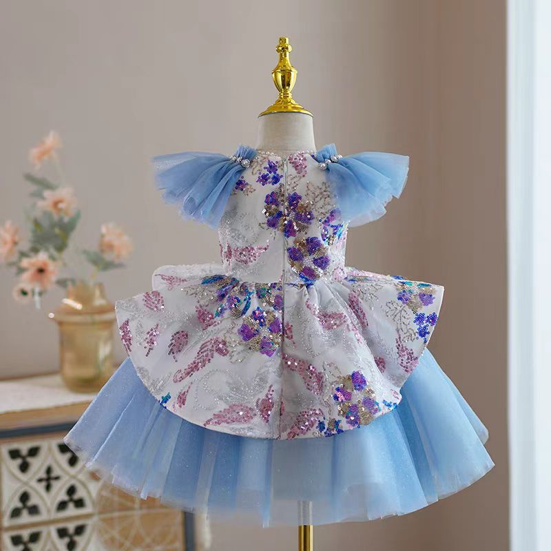 Blue Tulle Flower Girl Dress with Sequin Floral Details for Wedding – Puff Sleeve Plus Size - WonderlandByLilian