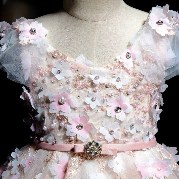 Blush Pink 3D Floral Lace Flower Girl Dress with Tulle Skirt – Lace Flower girl dress Plus Size - WonderlandByLilian