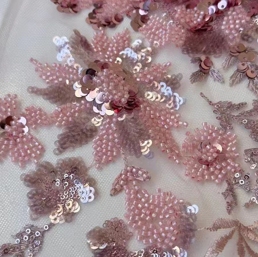 Blush Pink 3D Sequined Floral Lace Fabric - Elegant Sheer Embroidery - WonderlandByLilian