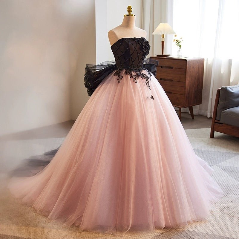 Blush Pink and Black Tulle Evening Gown - Floral Embroidered Corset Back Wedding Dress Plus Size - WonderlandByLilian