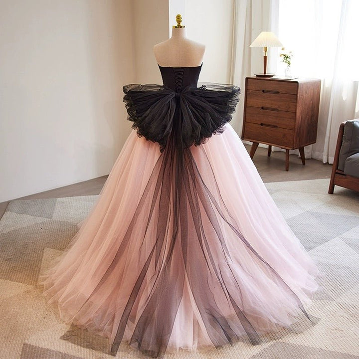 Blush Pink and Black Tulle Evening Gown - Floral Embroidered Corset Back Wedding Dress Plus Size - WonderlandByLilian