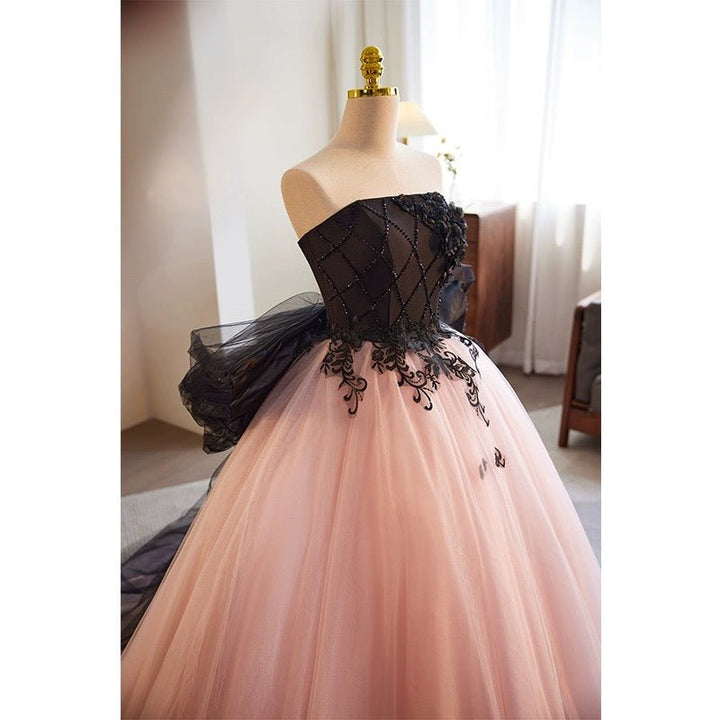 Blush Pink and Black Tulle Evening Gown - Floral Embroidered Corset Back Wedding Dress Plus Size - WonderlandByLilian