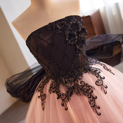 Blush Pink and Black Tulle Evening Gown - Floral Embroidered Corset Back Wedding Dress Plus Size - WonderlandByLilian
