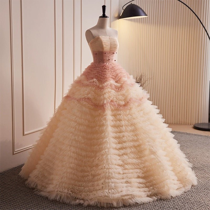 Blush Pink and Cream Tulle Party Dress with Beaded - Floral Embroidered Corset Back Wedding Dress Plus Size Size 24W / Pink Blush Pink and Cream Tulle Party Dress with Beaded - Floral Embroidered Corset Back Wedding Dress Plus Size Size 24W / Pink