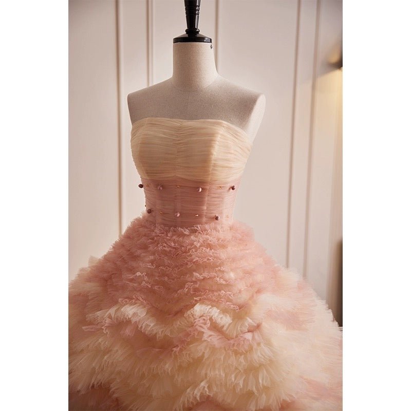 Blush Pink and Cream Tulle Party Dress with Beaded - Floral Embroidered Corset Back Wedding Dress Plus Size Size 24W / Pink Blush Pink and Cream Tulle Party Dress with Beaded - Floral Embroidered Corset Back Wedding Dress Plus Size Size 24W / Pink