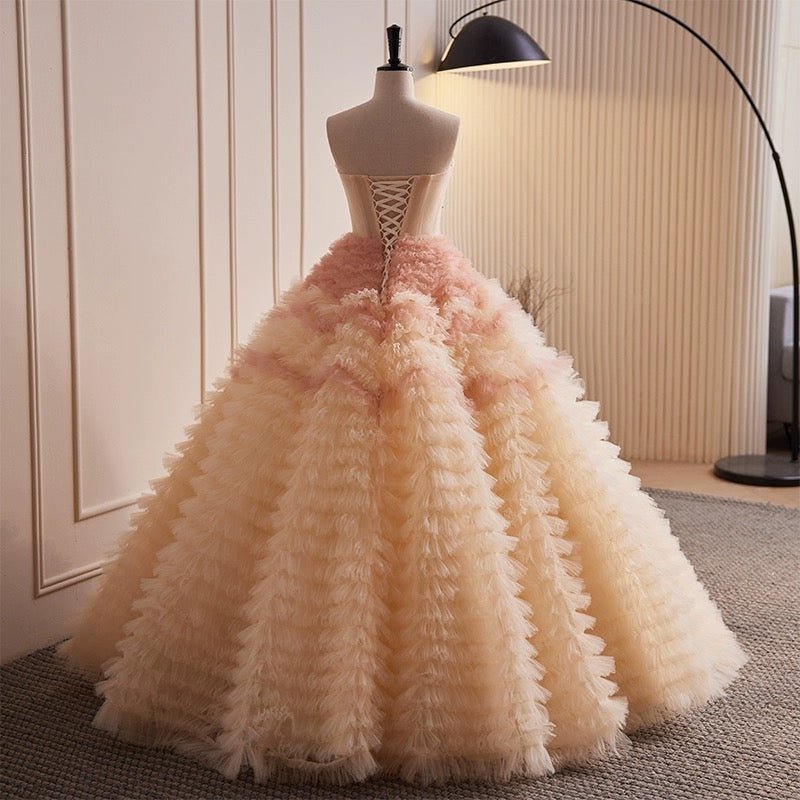 Blush Pink and Cream Tulle Party Dress with Beaded - Floral Embroidered Corset Back Wedding Dress Plus Size Size 24W / Pink Blush Pink and Cream Tulle Party Dress with Beaded - Floral Embroidered Corset Back Wedding Dress Plus Size Size 24W / Pink