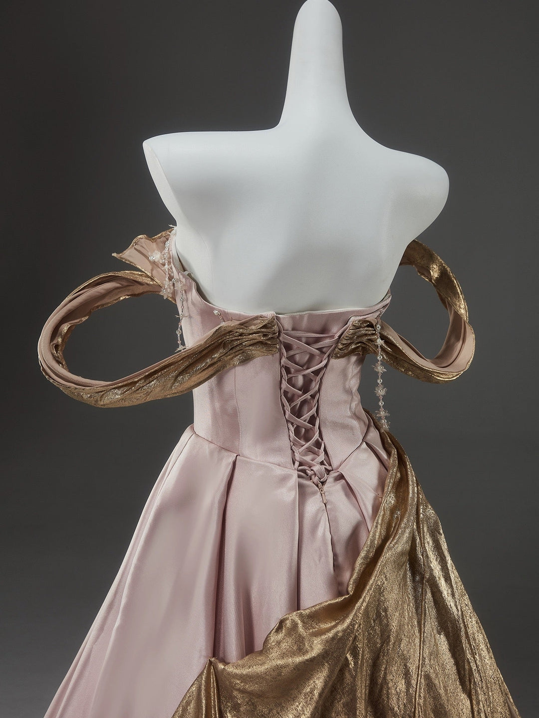 Blush Pink and Gold Evening Dress - Corset Back Wedding Gown with Dram WonderlandByLilian Blush Pink and Gold Evening Dress - Corset Back Wedding Gown with Dram WonderlandByLilian