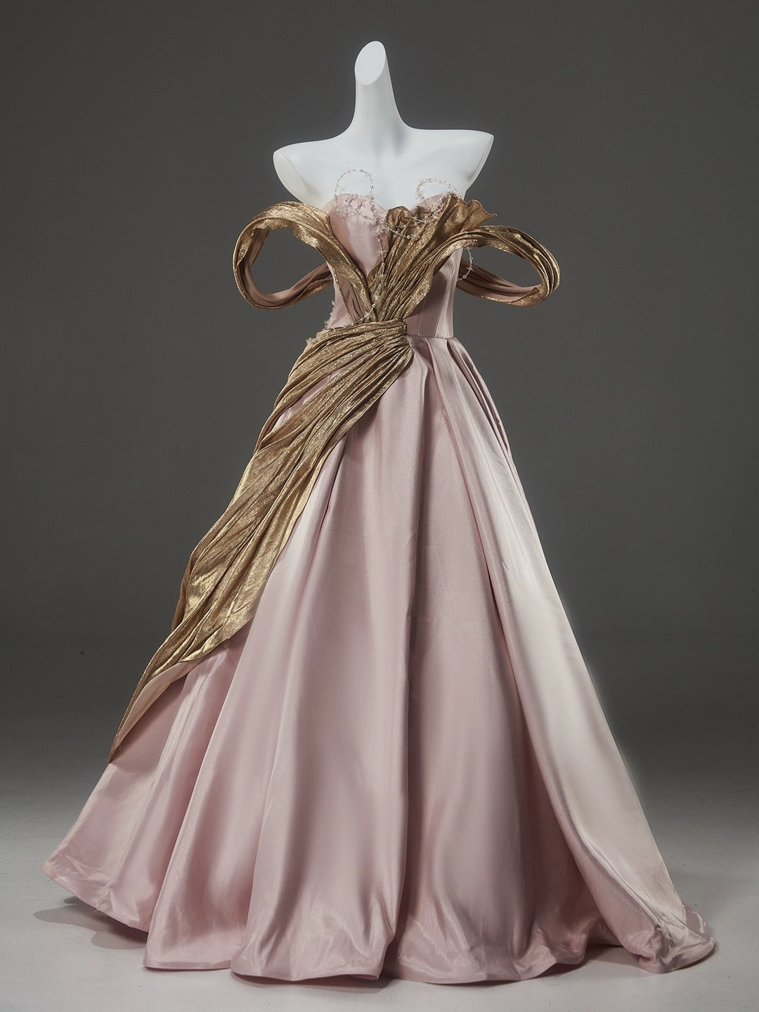 Blush Pink and Gold Evening Dress - Corset Back Wedding Gown with Dramatic Sleeves Plus Size Blush Pink and Gold Evening Dress - Corset Back Wedding Gown with Dramatic Sleeves Plus Size
