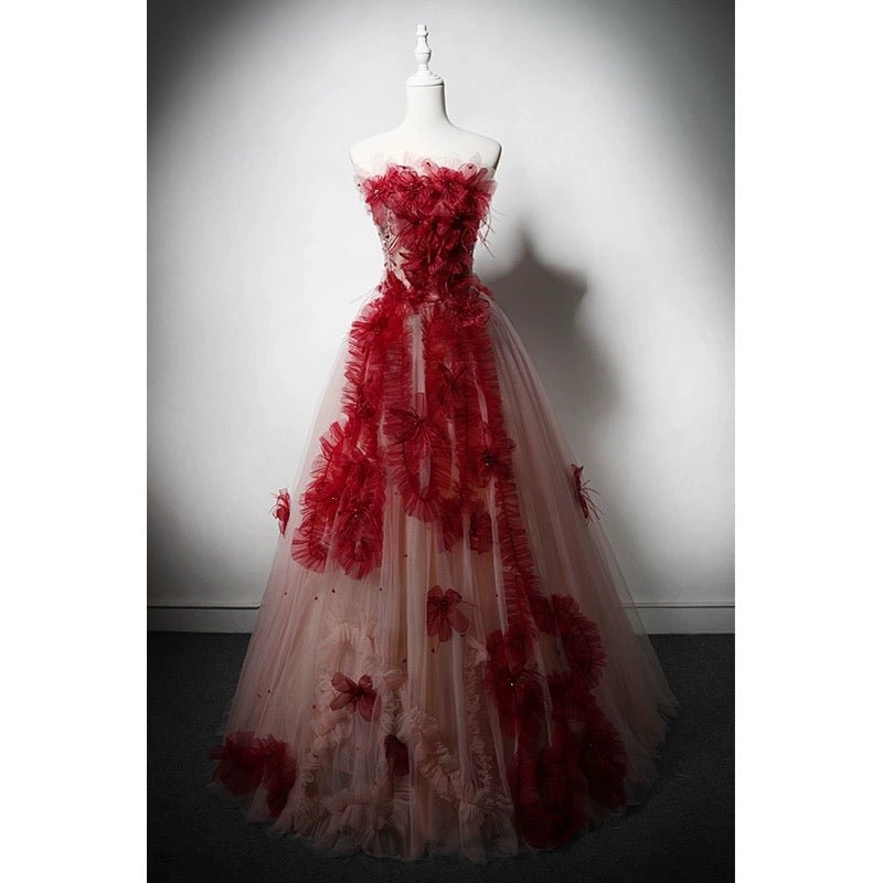 red wedding dress gothic Pink & Red Floral Corset Tulle Dress