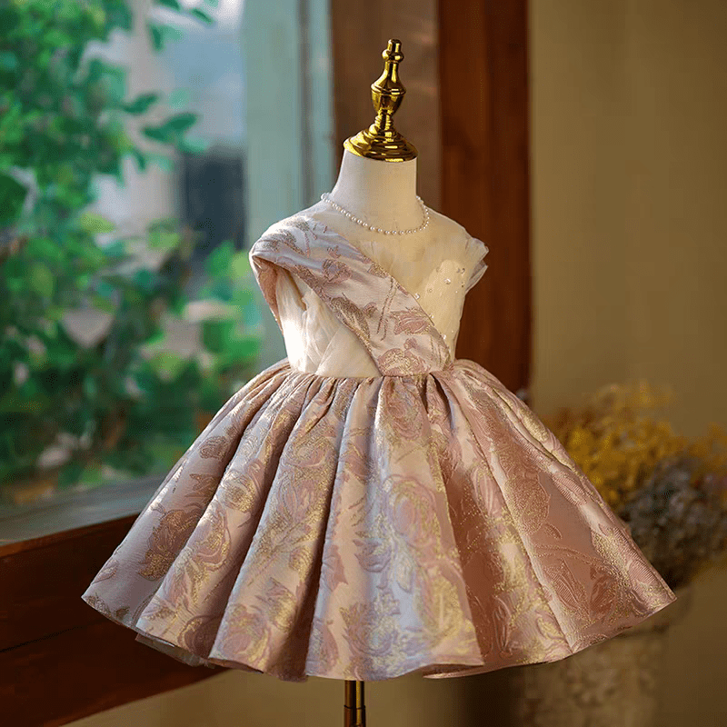 Blush Pink Brocade Flower Girl Dress for Wedding – One - Shoulder Plus Size - WonderlandByLilian