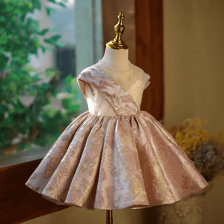 Blush Pink Brocade Flower Girl Dress for Wedding – One - Shoulder Plus Size - WonderlandByLilian