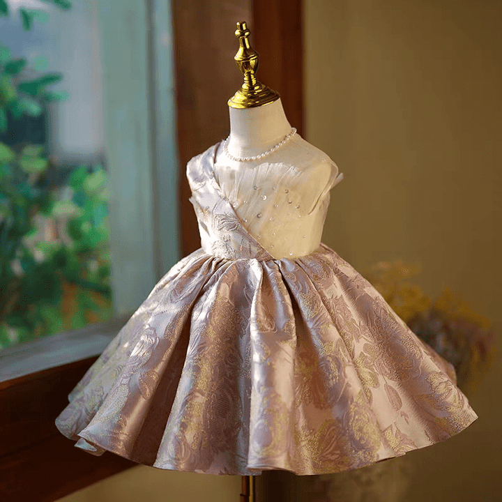 Blush Pink Brocade Flower Girl Dress for Wedding – One - Shoulder Plus Size - WonderlandByLilian