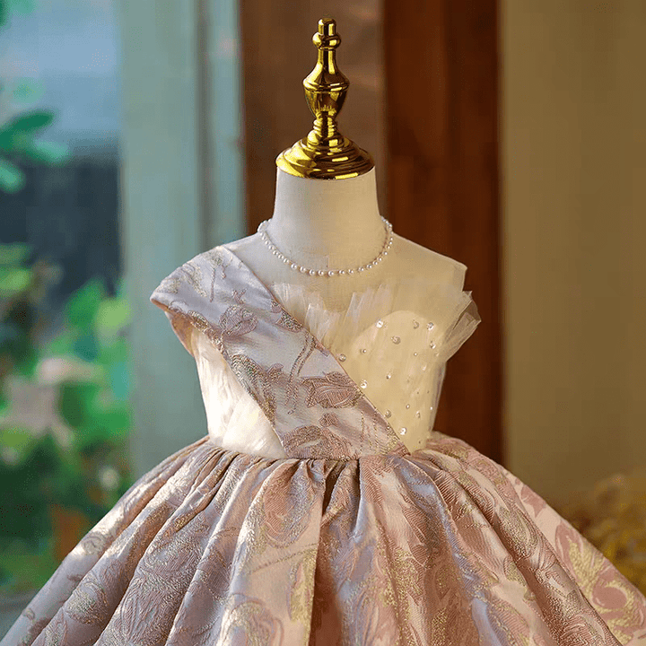 Blush Pink Brocade Flower Girl Dress for Wedding – One - Shoulder Plus Size - WonderlandByLilian