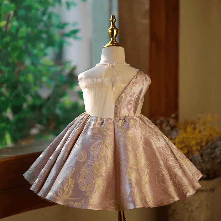 Blush Pink Brocade Flower Girl Dress for Wedding – One - Shoulder Plus Size - WonderlandByLilian