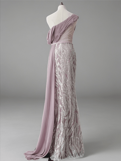 Blush Pink Elegance Sequin Evening Gown - off-one-shoulder Evening Dress with Tulle Plus Size - WonderlandByLilian