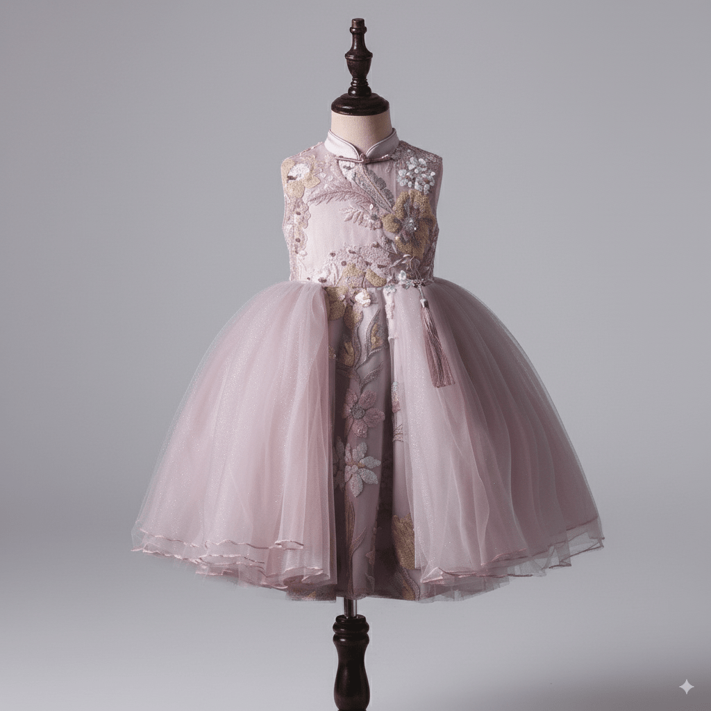 Blush Pink Embroidered Flower Girl Dress with Sequin Appliqué and Tulle Skirt – Special Occasion Flower Girl Dress Plus Size - WonderlandByLilian