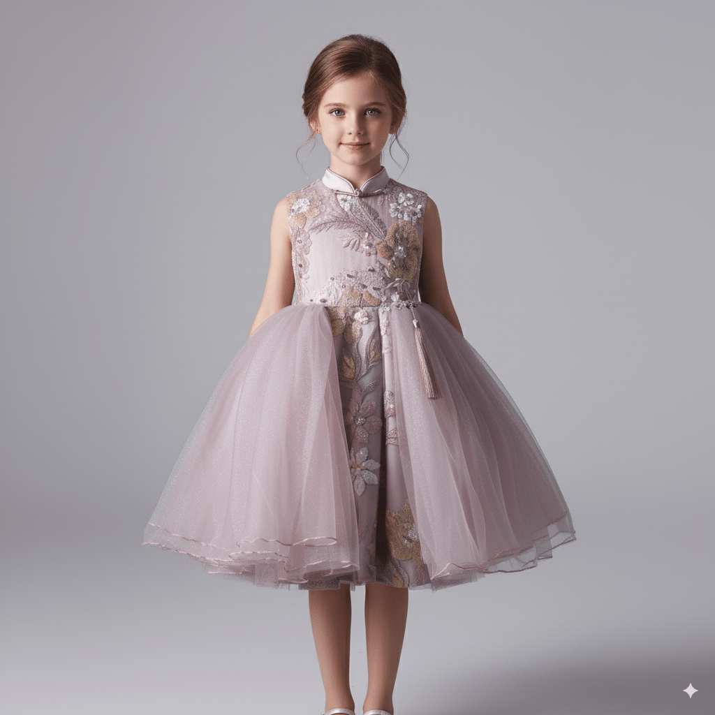Blush Pink Embroidered Flower Girl Dress with Sequin Appliqué and Tulle Skirt – Special Occasion Flower Girl Dress Plus Size - WonderlandByLilian