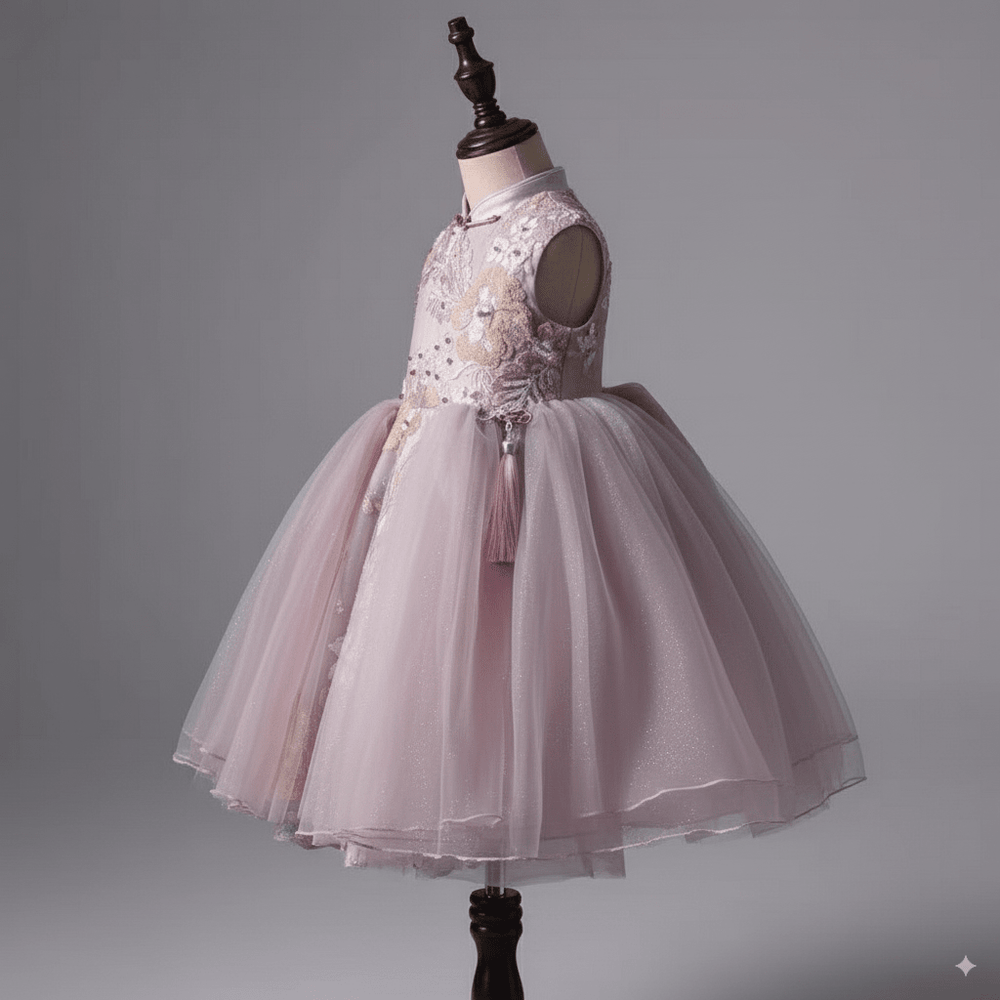 Blush Pink Embroidered Flower Girl Dress with Sequin Appliqué and Tulle Skirt – Special Occasion Flower Girl Dress Plus Size - WonderlandByLilian