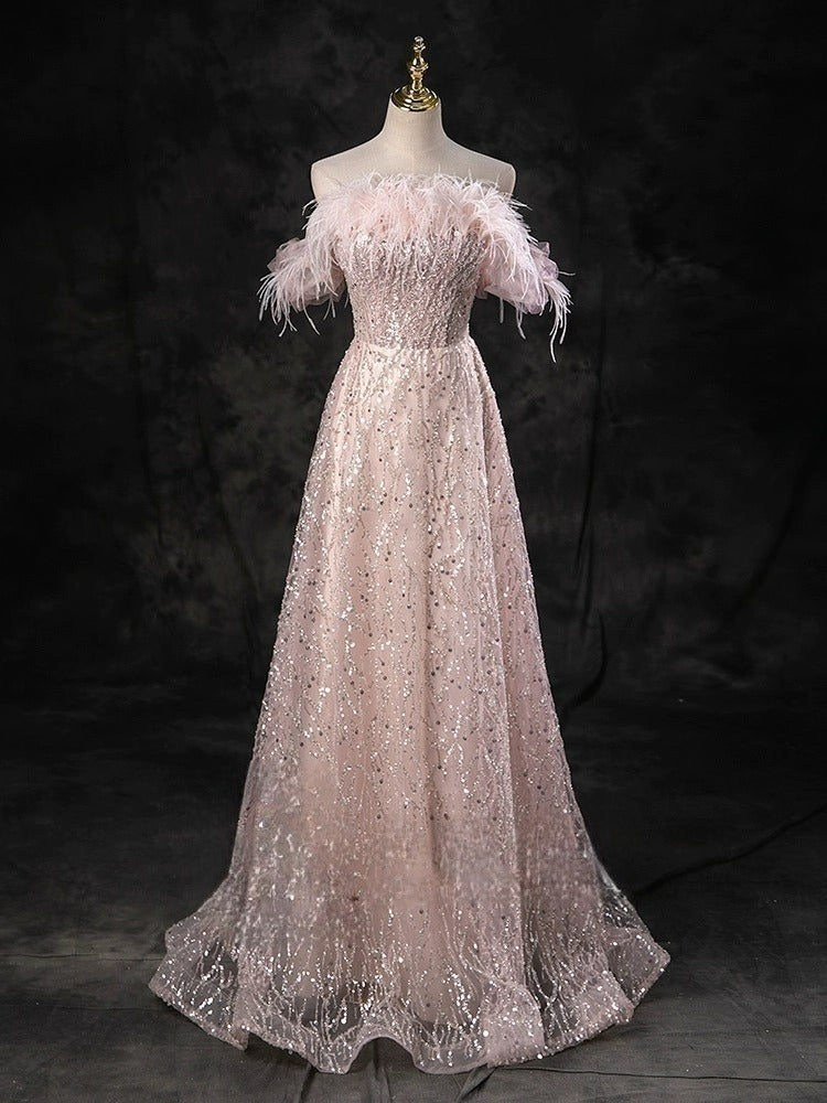 Blush Pink Evening Gown with Feathered Off-Shoulder Detail