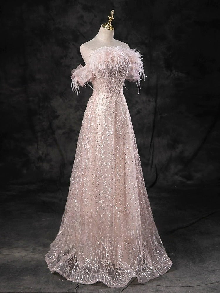 Blush Pink Evening Gown with Feathered Off-Shoulder Detail - Corset Back Wedding Dress with Sequin Plus Size Size 14 / Pink Blush Pink Evening Gown with Feathered Off-Shoulder Detail - Corset Back Wedding Dress with Sequin Plus Size Size 14 / Pink