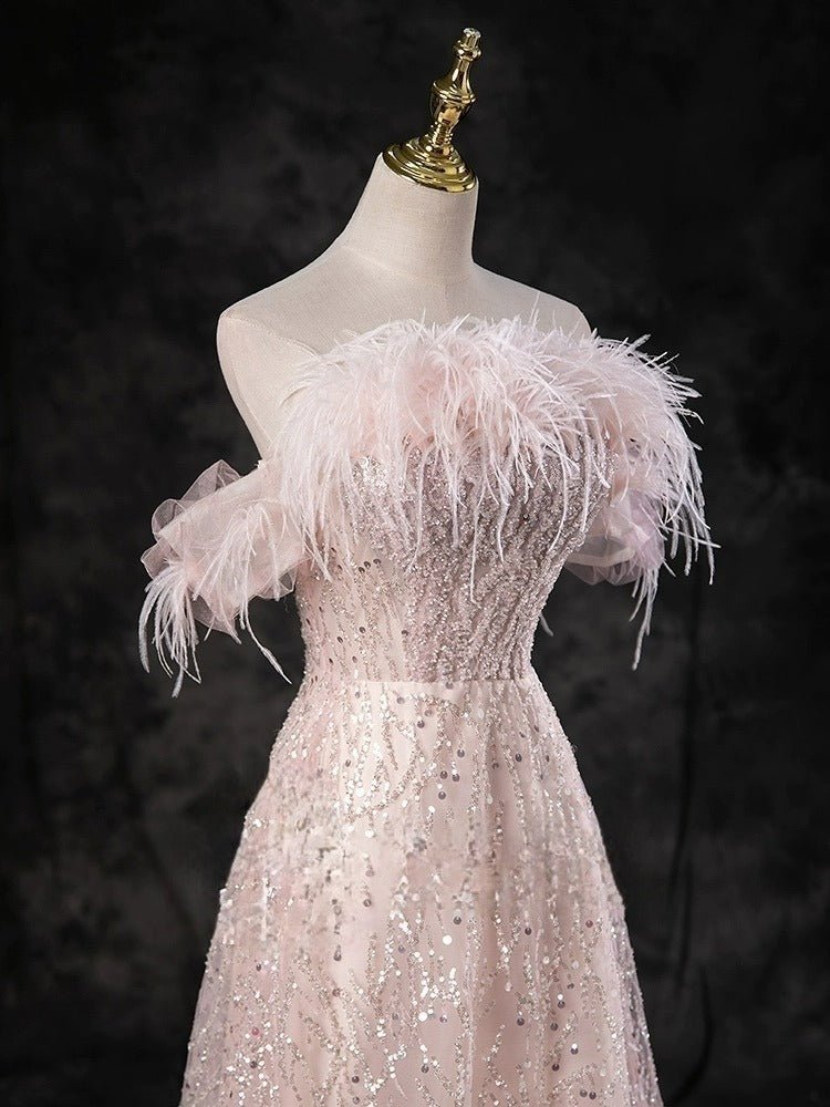 Blush Pink Evening Gown with Feathered Off-Shoulder Detail - Corset Back Wedding Dress with Sequin Plus Size Size 14 / Pink Blush Pink Evening Gown with Feathered Off-Shoulder Detail - Corset Back Wedding Dress with Sequin Plus Size Size 14 / Pink