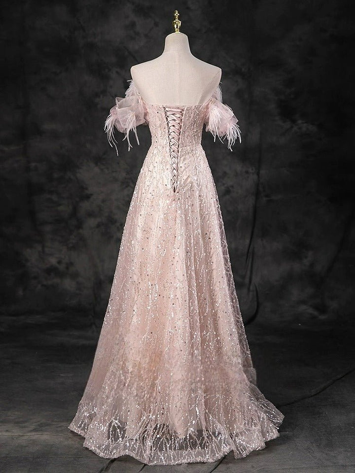 Blush Pink Evening Gown with Feathered Off-Shoulder Detail - Corset Back Wedding Dress with Sequin Plus Size - WonderlandByLilian