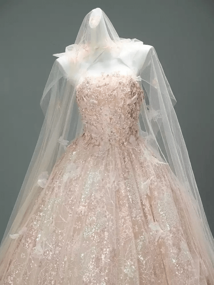 Blush Pink Fairytale Sequin Ball Gown with Floral Appliqué – Strapless Evening Dress with Tulle and Matching Veil Plus Size - WonderlandByLilian
