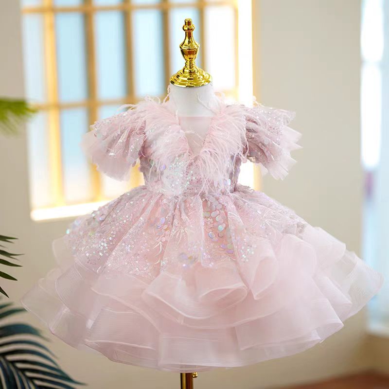 Blush Pink Feather Tulle Flower Girl Dress for Wedding – Puff Sleeve Plus Size - WonderlandByLilian