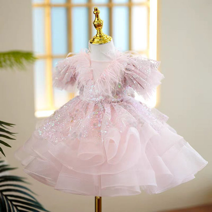 Blush Pink Feather Tulle Flower Girl Dress for Wedding – Puff Sleeve Plus Size - WonderlandByLilian