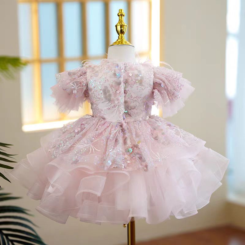 Blush Pink Feather Tulle Flower Girl Dress for Wedding – Puff Sleeve Plus Size - WonderlandByLilian