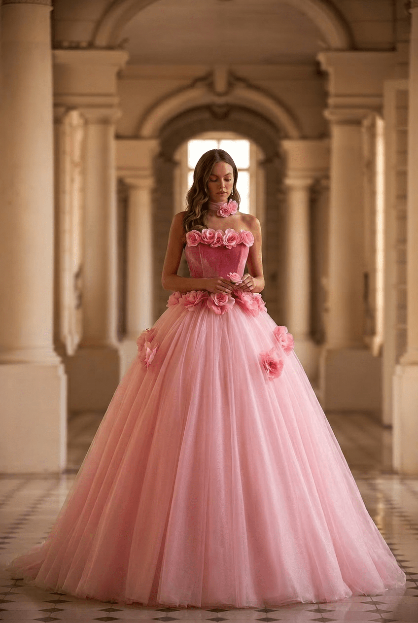 Blush Pink Floral Ball Gown with Strapless Corset Bodice Romantic Princess Tulle Evening Dress Fairytale Couture Formal Gown Plus Size Size 28W / Pink
