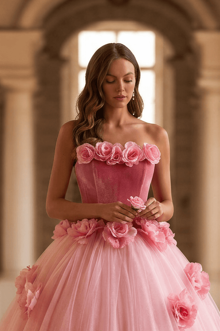 Blush Pink Floral Ball Gown with Strapless Corset Bodice Romantic Princess Tulle Evening Dress Fairytale Couture Formal Gown Plus Size - WonderlandByLilian