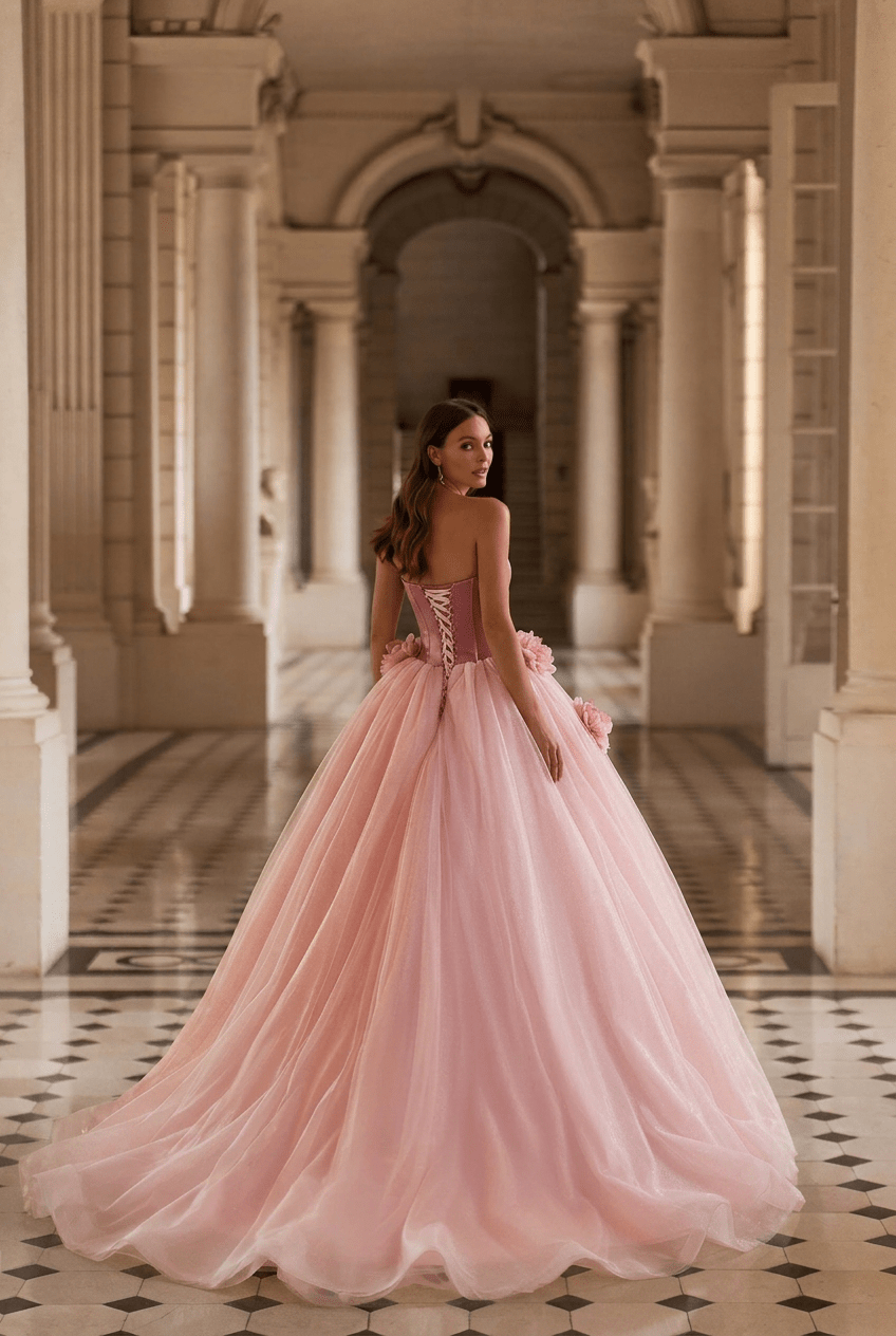Blush Pink Floral Ball Gown with Strapless Corset Bodice Romantic Princess Tulle Evening Dress Fairytale Couture Formal Gown Plus Size - WonderlandByLilian