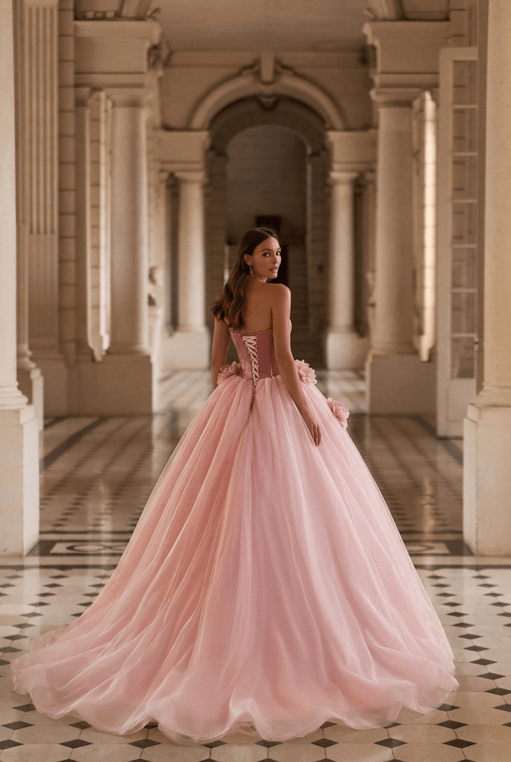 Blush Pink Floral Ball Gown with Strapless Corset Bodice Romantic Princess Tulle Evening Dress Fairytale Couture Formal Gown Plus Size - WonderlandByLilian