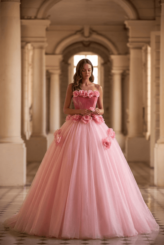 Blush Pink Floral Ball Gown with Strapless Corset Bodice Romantic Princess Tulle Evening Dress Fairytale Couture Formal Gown Plus Size Size 16W / Pink