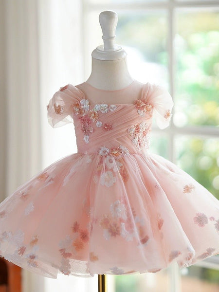 Blush Pink Flower Girl Dress with Embroidered Floral Accents