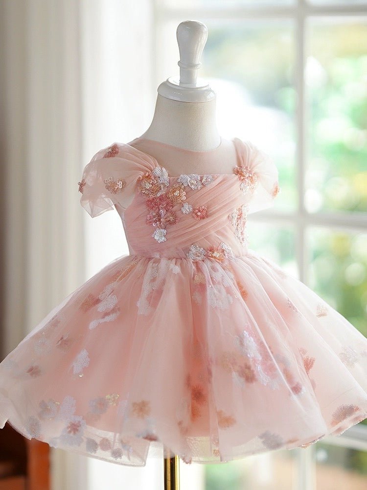 Blush Pink Flower Girl Dress with Embroidered Floral Accents