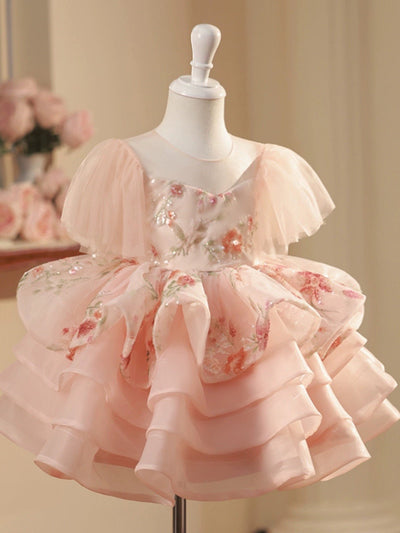 Blush Pink Flower Girl Dress with Floral Embellishments and Ruffled Layers - Plus Size - WonderlandByLilian