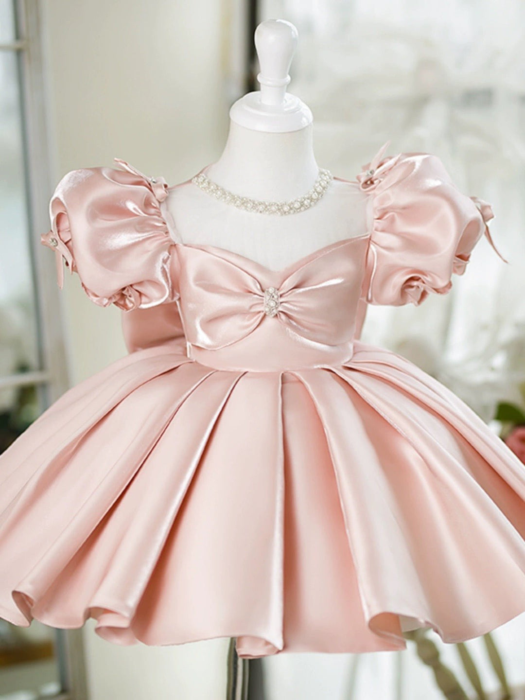 Blush Pink Flower Girl Dress with Pearled Bodice and Silky Satin Finish Plus Size - WonderlandByLilian