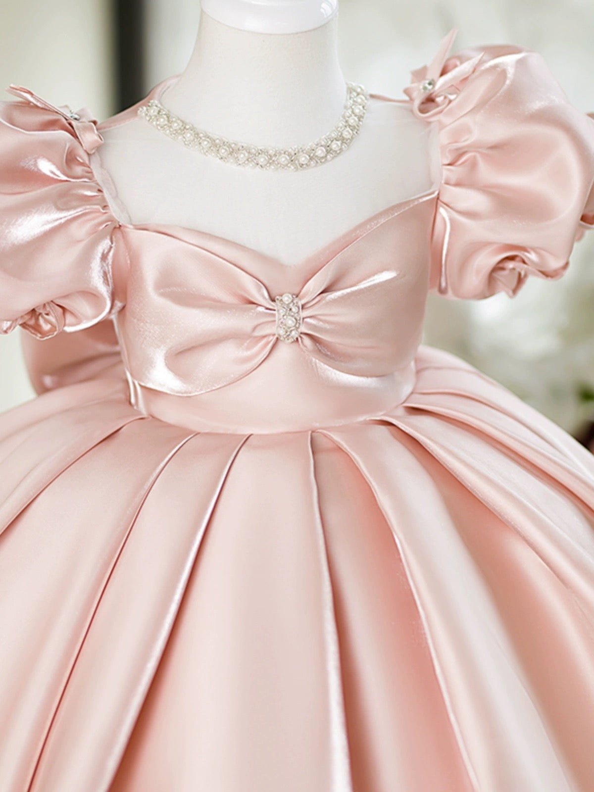 Blush Pink Flower Girl Dress with Pearled Bodice and Silky Satin Finish Plus Size - WonderlandByLilian