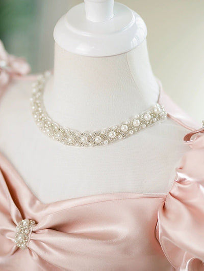 Blush Pink Flower Girl Dress with Pearled Bodice and Silky Satin Finish Plus Size - WonderlandByLilian