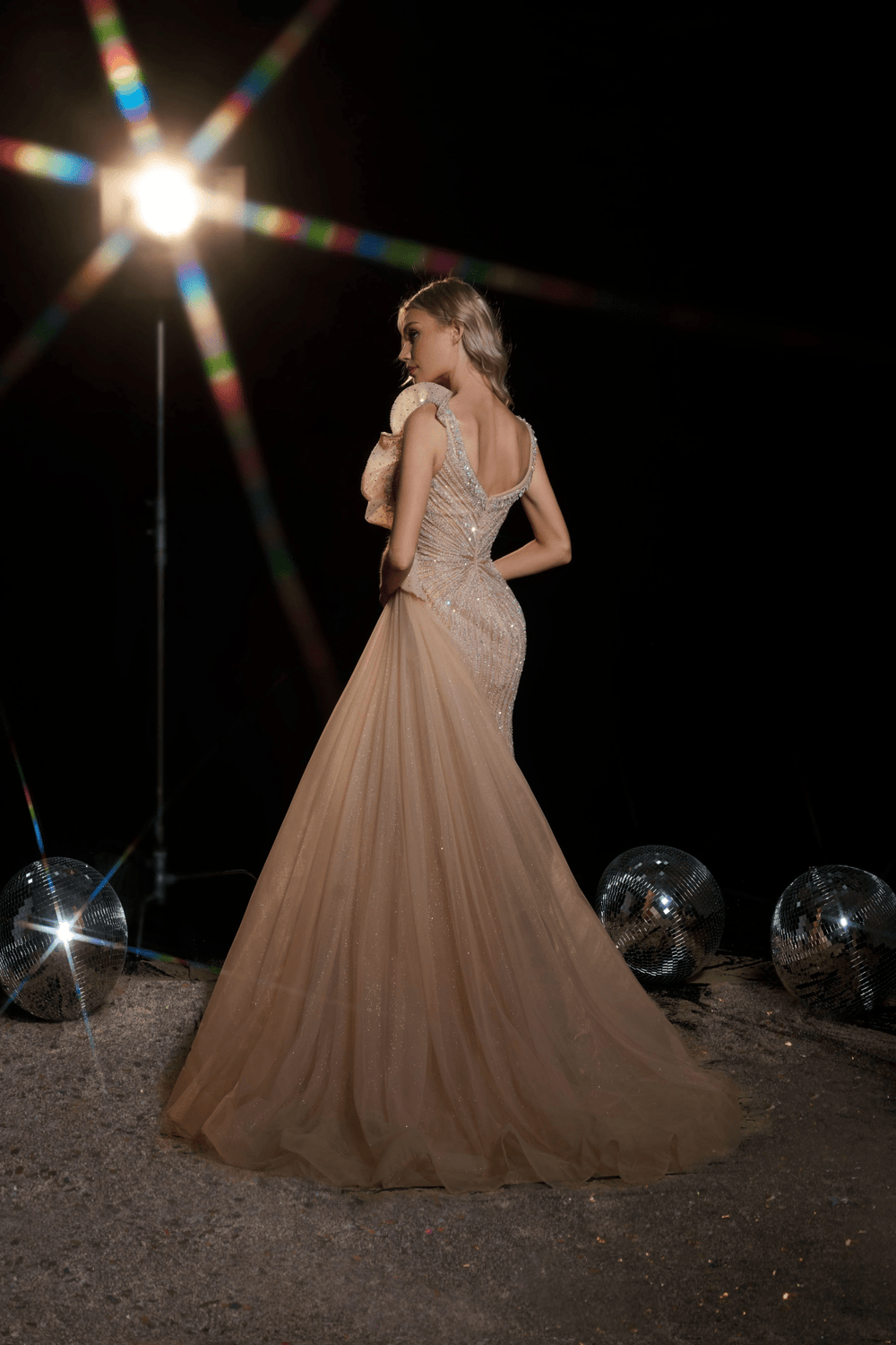 Blush Pink Glitter Embellished Evening Gown with Draped Shoulder Detail - Black Designer Sequin Gown with High Slit Plus Size - WonderlandByLilian