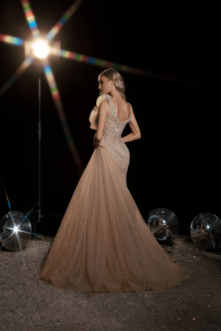 Blush Pink Glitter Embellished Evening Gown with Draped Shoulder Detail - Black Designer Sequin Gown with High Slit Plus Size - WonderlandByLilian