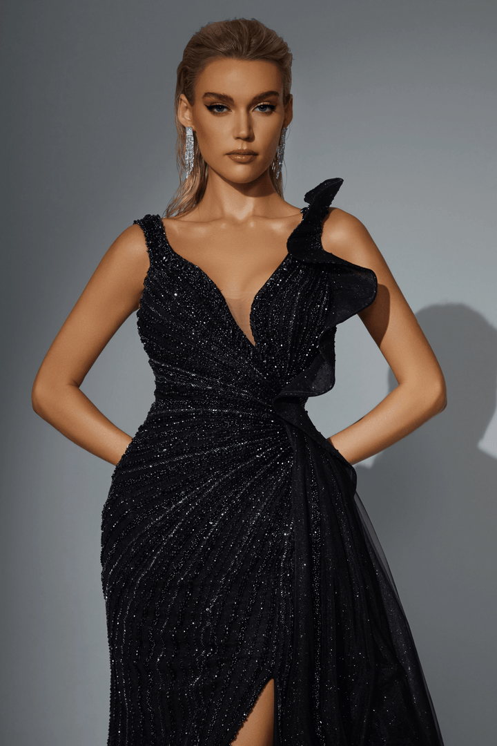 Blush Pink Glitter Embellished Evening Gown with Draped Shoulder Detail - Black Designer Sequin Gown with High Slit Plus Size - WonderlandByLilian